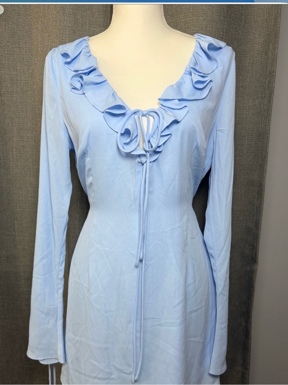 Light Blue Ruffle Tie-Front Long Sleeve Dress